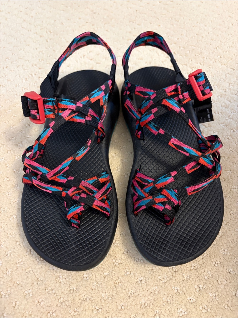 Chaco Women's Black Sandals with Pink and Teal Strap Accents